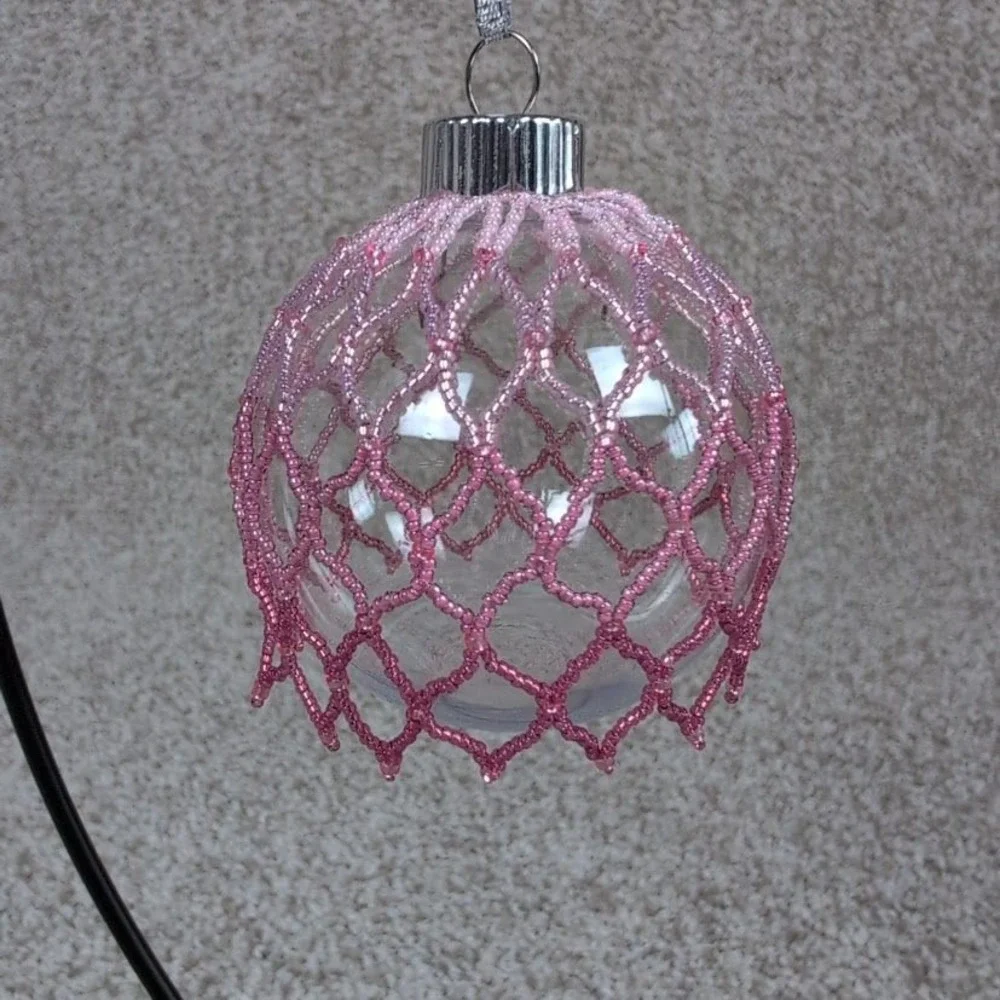 Hand Beaded Clear Plastic Christmas Ornament Pink Beaded Cover‎ Silver Cap